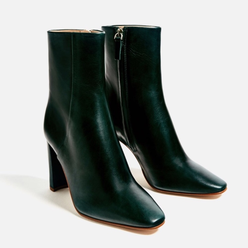 Zara Dark Green Genuine Leather Heeled Retro Minimalist Modern Cute Ankle Bootie - Picture 4 of 16